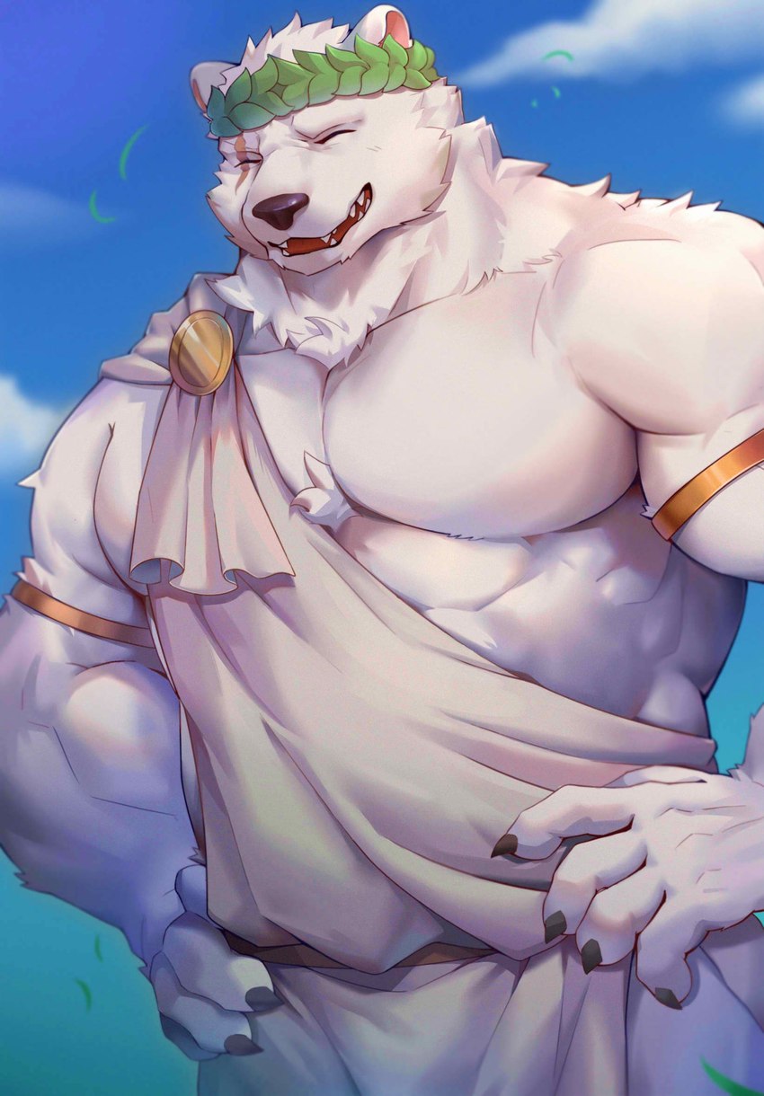 anthro armband belt biped black_nose clothed clothing cloud eyes_closed facial_scar fully_clothed fur gold_(metal) gold_jewelry hands_on_hips jewelry laurel_wreath male muscular muscular_anthro muscular_male scar simple_background sky smile solo toga white_body white_clothing white_fur luodejun sdorica crushfang_(sdorica_sunset) bear mammal digital_drawing_(artwork) digital_media_(artwork) hi_res