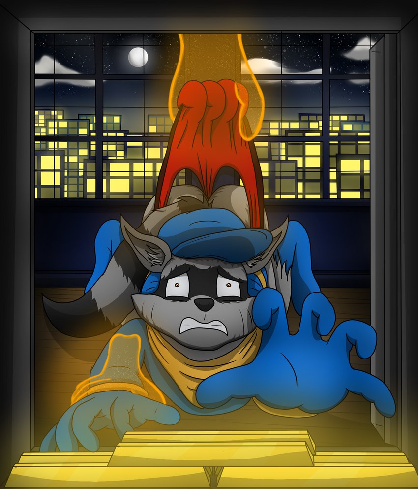 anthro boots briefs butt clenched_teeth clothing cloves footwear front_view gold_bar hat headgear headwear jacket kerchief looking_at_viewer magic magic_hands male pain reaching_out shoes solo teeth topwear underwear wedgie tacomytaco sly_cooper_(series) sony_corporation sony_interactive_entertainment sucker_punch_productions sly_cooper mammal procyonid raccoon absurd_res hi_res