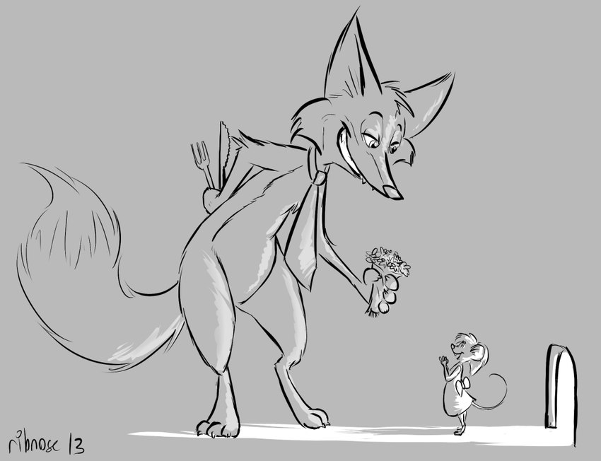 anthro deception duo female imminent_vore male male/female micro predator/prey ribnose canid canine fox mammal mouse murid murine rodent 2013 monochrome