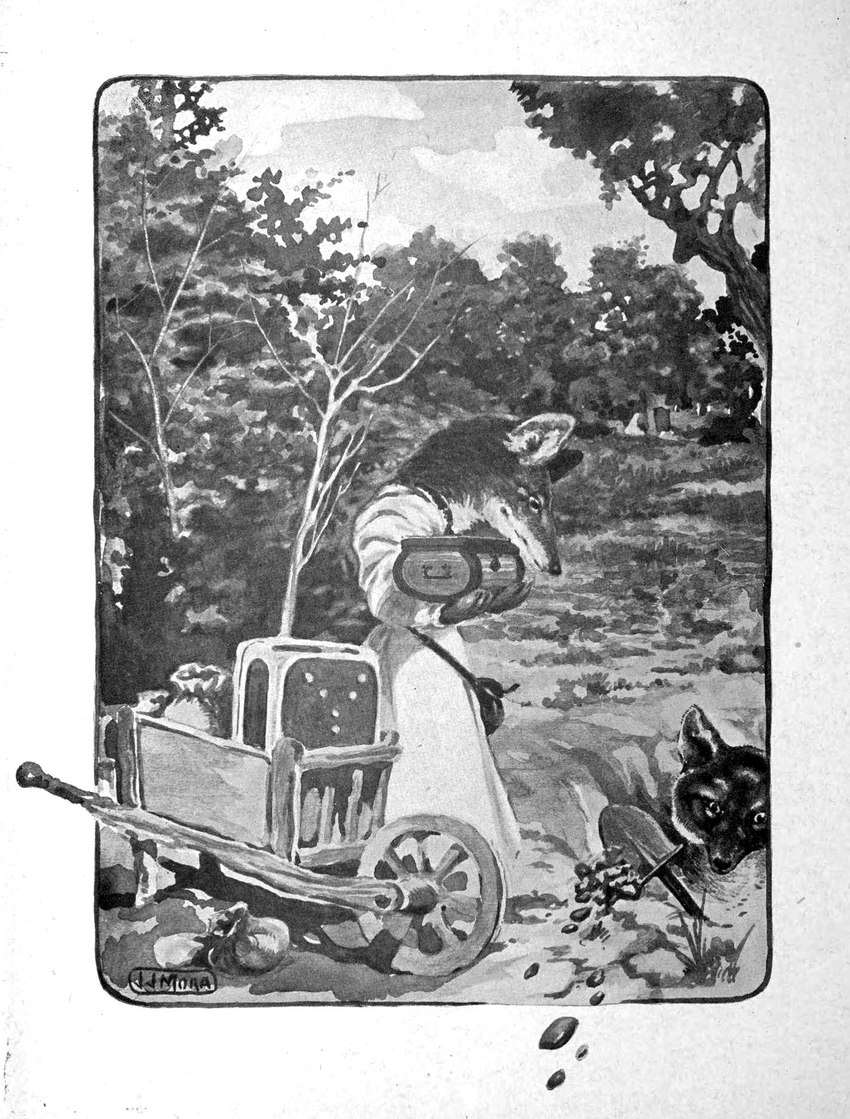 anthro bag chest_(container) clothed clothing digging duo female holding_object holding_shovel holding_tool hole_(pit) male outside plant shovel standing text tools tree wheelbarrow joseph_jacinto_mora public_domain hermeline reynard_the_fox canid canine fox mammal 1920 20th_century ancient_art greyscale hi_res monochrome signature traditional_media_(artwork)