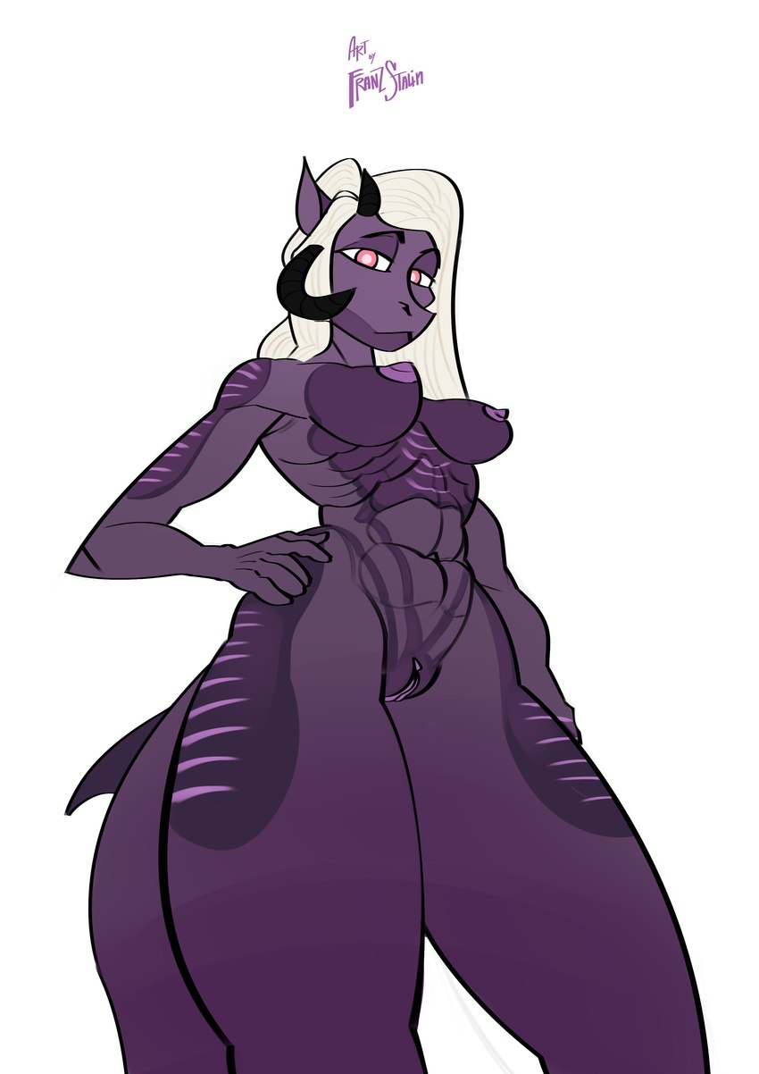 anthro big_breasts breasts erect_nipples female franzstalin genitals hair horn looking_at_viewer looking_down nipples nude purple_body pussy simple_background solo tail white_hair mythology aerhan dragon fish marine mythological_creature mythological_scalie scalie shark absurd_res digital_media_(artwork) hi_res