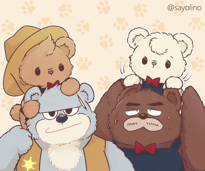 anthro bow_tie brown_body brown_fur clothing fur grey_body grey_fur group hat headgear headwear kemono male size_difference white_body white_fur young young_anthro sayolino kumalino sanrio brew_(kumalino) drip_(kumalino) roast_(kumalino) syrup_(kumalino) bear mammal 2023 6:5