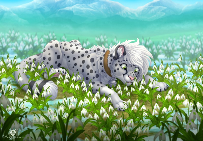 amaryllid ambiguous_gender arm_spots bell bell_collar black_body black_claws black_ears black_fur black_spots black_tail brown_collar claws collar dark_claws dark_pupils dark_spots detailed_background feral feral_with_hair field flower flower_field fluffy fur galanthus green_eyes grey_body grey_fur grey_tail hair inner_ear_fluff iris leg_markings leg_spots looking_at_flower looking_at_object looking_at_plant lying markings monotone_hair mountain multi_tone_tail multicolored_body multicolored_ears multicolored_fur multicolored_tail on_front on_ground outside pink_nose plant pupils quadruped smile snowdrop_(flower) socks_(marking) solo spots spotted_arms spotted_body spotted_fur spotted_legs spotted_markings spotted_tail tail tail_markings tail_spots toe_claws tuft two_tone_ears white_body white_ears white_flower white_fur white_hair white_inner_ear_fluff white_tail dolphydolphiana cheetah felid feline mammal 2019