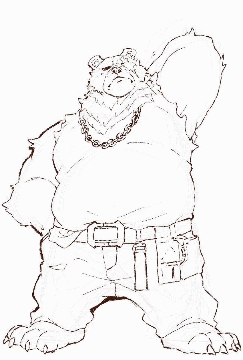 anthro barefoot clothing facial_scar feet jewelry male missing_eye musclegut muscular necklace scar shirt solo tank_top topwear torn_clothing heylaw21 mihoyo zenless_zone_zero ben_bigger bear mammal hi_res sketch