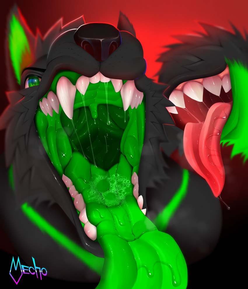 anthro black_body black_ears black_fur black_nose black_tail bodily_fluids breath cheek_tuft detailed_mouth dripping facial_tuft fangs front_view fur gaping_mouth glistening glistening_teeth glistening_tongue green_body green_eyes green_fur green_inner_ear green_insides green_mouth green_pupils green_tail green_tongue long_tongue looking_at_viewer male mouth_shot multicolored_body multicolored_fur multicolored_tail nude open_mouth pink_tongue pupils red_background saliva saliva_drip saliva_on_tongue saliva_string simple_background snout solo tail tail_mouth teeth throat tongue tongue_line tongue_out tuft two_tone_body two_tone_fur two_tone_tail unusual_anatomy unusual_tail uvula mecho xenon_(xenonthewolf) canid canine canis mammal wolf absurd_res bust_portrait colored digital_media_(artwork) hi_res portrait shaded