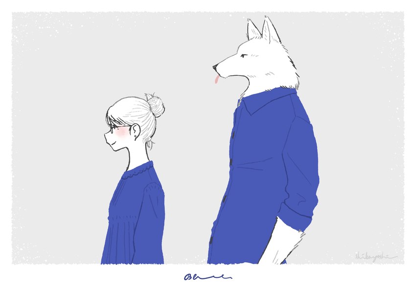 anthro blue_clothing blue_dress blue_dress_shirt clothing dress duo female fur hair male side_view tongue tongue_out white_body white_fur white_hair shikayoshi sub20211115 canid canine canis human mammal wolf 2022 absurd_res hi_res