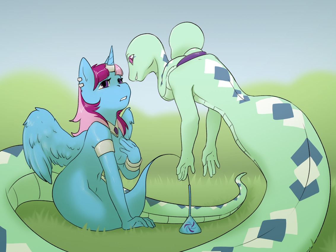 2_heads ambiguous_gender anthro apode armband blue_body blue_scales bottle bracelet choker collar container duo ear_piercing ear_ring eye_contact female genie_bottle ghost_tail grass green_body green_scales hair horn horn_jewelry horn_ring jewelry legless looking_at_another multi_head multicolored_hair necklace outside piercing pink_eyes pink_hair plant pupils purple_choker purple_eyes purple_jewelry purple_necklace ring_(jewelry) ring_piercing scales serpentine slit_pupils spread_wings two_tone_hair white_body white_scales wings squeaker hasbro my_little_pony mythology parcly_taxel rene_taxel draconcopode equid equine genie mammal mythological_creature mythological_equine naga reptile scalie snake snake_naga winged_unicorn 2025 4:3 hi_res nonbinary_(lore)