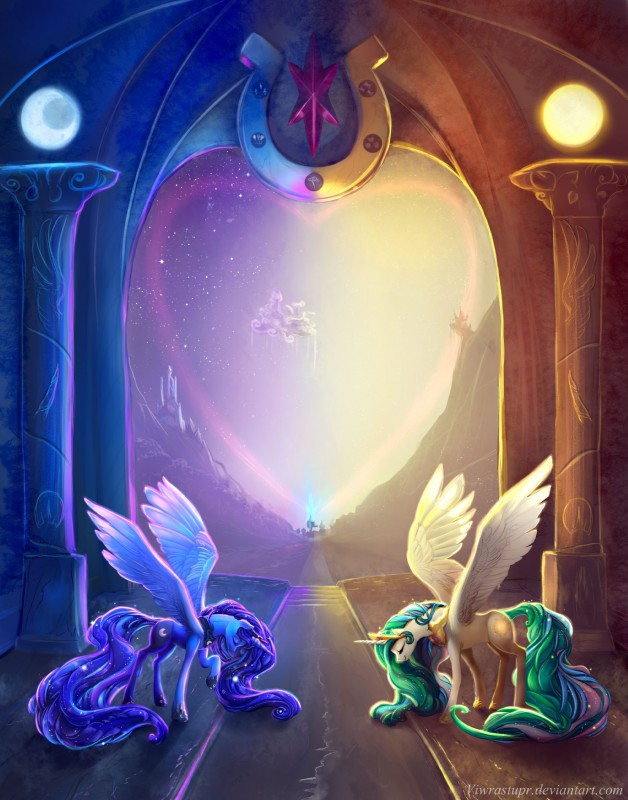 bowing canterlot cloudsdale contrast crystal_empire duality duo feathered_wings feathers female feral horn ponyville side_view sparkles symmetry text wings viwrastupr friendship_is_magic hasbro my_little_pony mythology princess_celestia_(mlp) princess_luna_(mlp) equid equine mammal mythological_creature mythological_equine winged_unicorn absurd_res digital_media_(artwork) full-length_portrait hi_res portrait url