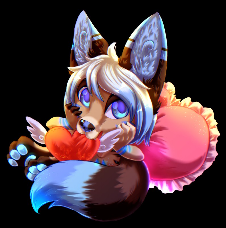 ambiguous_gender anthro chibi fur hair heart_symbol looking_at_viewer pillow simple_background solo transparent_background nightangeltdc canid canine fox mammal alpha_channel hi_res