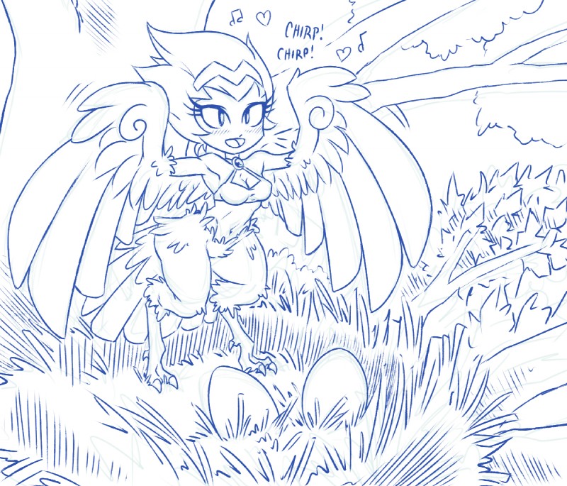 blush breasts cleavage clothed clothing egg eyelashes feathered_wings feathers female heart_symbol midriff monster_girl_(genre) musical_note musical_symbol navel nest plant solo spread_wings symbol text tree winged_arms wings plagueofgripes european_mythology greek_mythology mythology shantae_(series) wayforward shantae_(harpy_form) animal_humanoid avian avian_humanoid harpy humanoid mythological_avian mythological_creature 2016 blue_and_white english_text hi_res monochrome