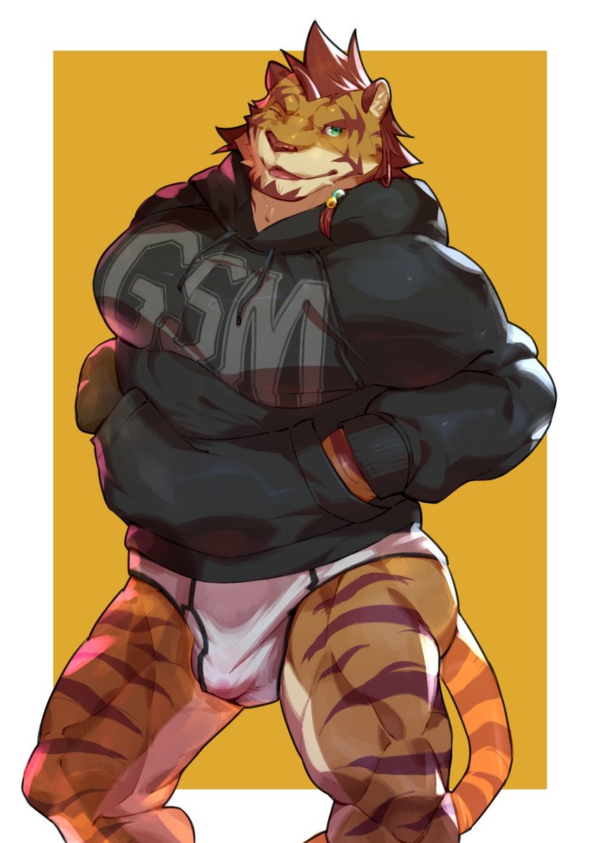 anthro black_clothing black_hoodie black_topwear briefs bulge clothing hoodie hoodie/briefs_meme male muscular muscular_anthro muscular_male muscular_thighs solo striped_body stripes tail topwear underwear kourney rude_(kourney) felid mammal pantherine tiger hi_res