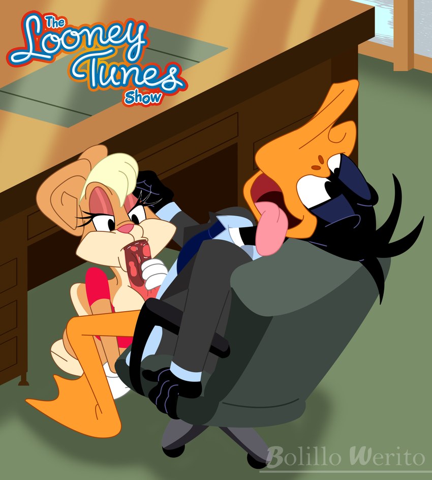 blue_clothing blue_shirt blue_topwear chair clothing desk duo fellatio female furniture male male/female oral penile sex shirt table tongue tongue_out topwear bolillo_werito looney_tunes the_looney_tunes_show warner_brothers daffy_duck lola_bunny anatid anseriform avian bird duck lagomorph leporid mammal rabbit absurd_res hi_res