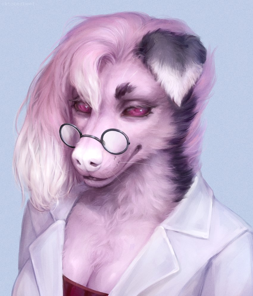 anthro black_body black_fur breasts cleavage clothed clothing coat eyewear female fluffy fur glasses hair lab_coat looking_at_viewer pink_body pink_fur pink_hair purple_eyes realistic red_clothing red_shirt red_topwear shirt solo topwear whiskers white_body white_fur white_hair white_nose oktoberbeef nintendo pokemon tarroc_(original_character) generation_7_pokemon lycanroc midnight_lycanroc pokemon_(species) hi_res