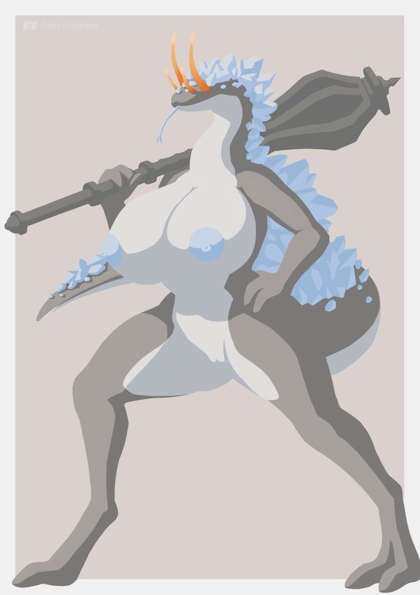 2_toes anthro areola big_breasts biped blue_areola blue_nipples breasts countershading crystal digitigrade feet female forked_tongue genitals grey_body hand_on_hip holding_mace mace melee_weapon nipples non-mammal_breasts non-mammal_nipples pussy simple_background solo standing tan_background toes tongue tongue_out weapon white_body returnaddress elden_ring fromsoftware crystal_snail_(elden_ring) gastropod mollusk snail 2022 digital_media_(artwork) hi_res