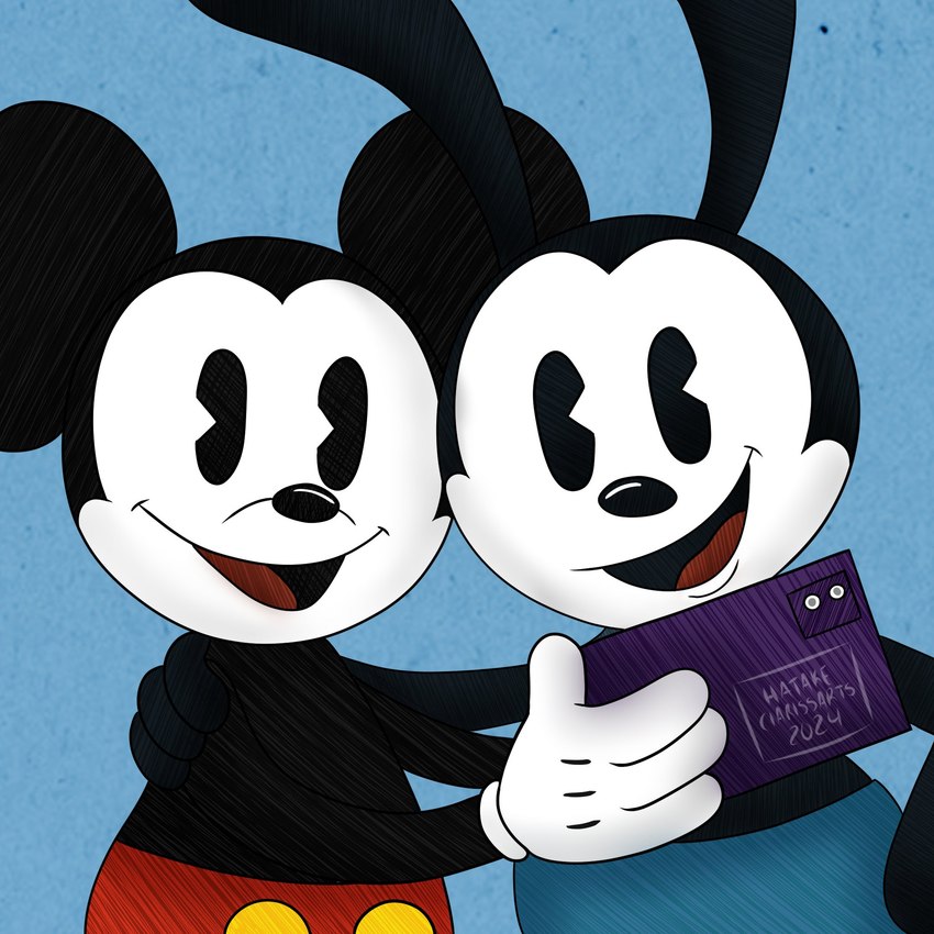 duo electronics male male/male phone selfie hatakeclarissarts disney epic_mickey mickey_mouse oswald_the_lucky_rabbit humanoid lagomorph leporid mammal mouse murid murine rabbit rodent digital_drawing_(artwork) digital_media_(artwork) hi_res brother_(lore) brothers_(lore) sibling_(lore)