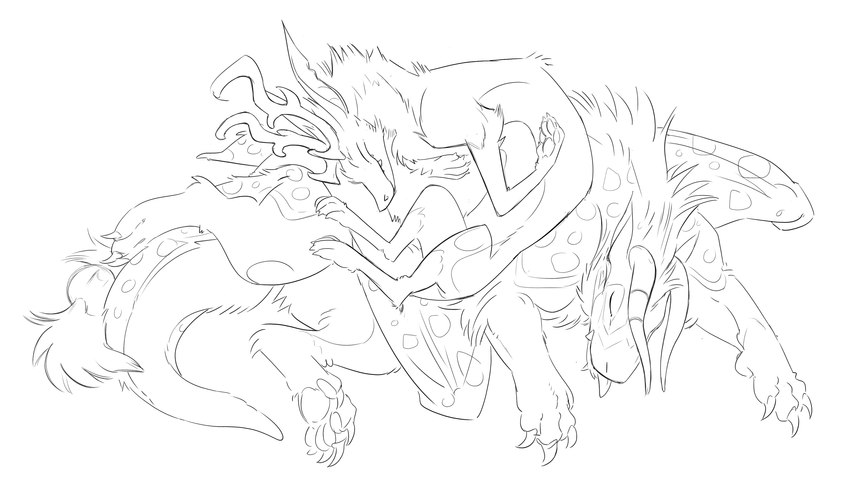 duo feral fur horn napping tail wings cartoonsnacks mythology haloren hannu deer dragon felkin mammal mythological_creature mythological_scalie scalie absurd_res hi_res monochrome