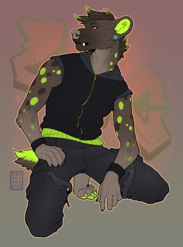 4_toes 5_fingers anthro barefoot biped clothed clothing ear_piercing ear_ring eyebrows feet fingers male piercing ring_piercing solo toes grimoiren hyena mammal spotted_hyena 2019 digital_media_(artwork) hi_res