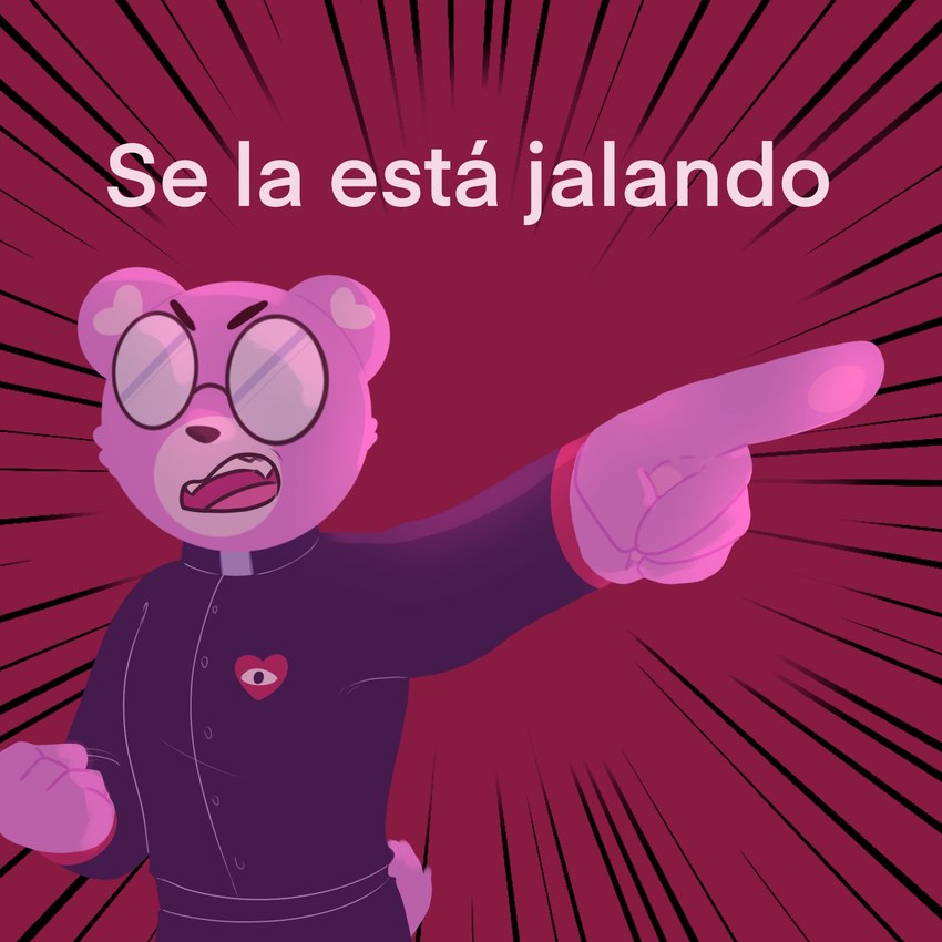 anthro biped bottomwear clothing dialogue eyewear gesture glasses hand_gesture humanoid_hands pants pink_body pointing solo text yagamikuro67 unicorn_wars padre_(unicorn_wars) bear mammal 1:1 2023 hi_res meme reaction_image spanish_text translated translation_check