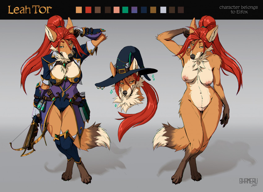 anthro book breasts clothing crossbow fantasy female hair hat headgear headwear long_hair looking_at_viewer magic_user nipples nude potion ranged_weapon red_hair sagging_breasts solo spellbook thigh_gap weapon witch witch_hat shamerli leah_tor_(elfox) canid canine fox mammal 2021 model_sheet