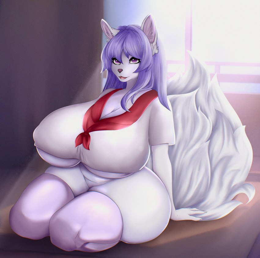 anthro big_breasts bottomwear breasts clothing female fur huge_breasts legwear nipple_outline paws school solo stockings tail thick_thighs topwear under_boob uniform wide_hips night_kota canid canine fox mammal absurd_res hi_res