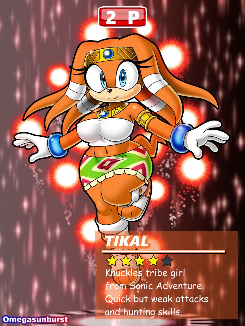 anthro bottomwear character_select clothing crown female footwear glowing headgear jewelry looking_at_viewer magic midriff necklace sandals shoes skirt solo star text tiara topwear tribal_outfit tube_top y2k_(graphic_design) omegasunburst sega sonic_adventure sonic_the_hedgehog_(series) tikal_the_echidna echidna mammal monotreme 2024 3:4 absurd_res artist_name english_text hi_res