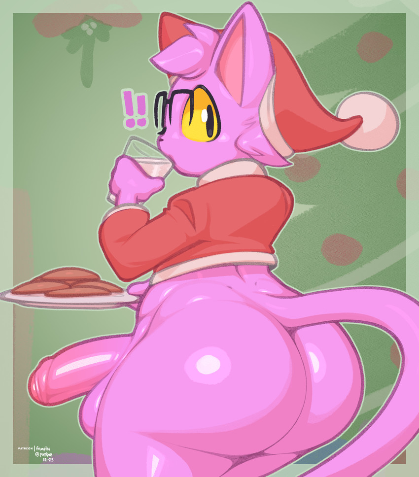 4_fingers anthro balls belly big_balls big_butt big_penis biped black_eyes black_nose blush border bottom_heavy bottomless bottomless_anthro bottomless_male butt caught_off_guard christmas_clothing christmas_headwear christmas_tree closed_smile clothed clothing container cookie curvy_figure drinking drinking_milk erection exclamation_point eyewear femboy fingers food foreskin fur genitals glans glass glass_container glass_of_milk glasses glistening glistening_balls glistening_body glistening_butt glistening_eyes glistening_genitalia glistening_hair glistening_perineum glistening_skin glistening_thighs green_background green_border hair hat headgear headwear holding_glass holding_object holding_plate holidays huge_butt huge_thighs humanoid_genitalia humanoid_penis long_tail looking_back male milk milk_container mistletoe mostly_nude mouth_closed multicolored_penis partially_clothed partially_retracted_foreskin pear-shaped_figure penis perineum pink_balls pink_body pink_ears pink_foreskin pink_fur pink_glans pink_hair pink_inner_ear pink_tail plant presenting presenting_hindquarters rear_view rectangular_glasses red_clothing red_topwear santa_hat side_view simple_background smile solo standing tail text thick_thighs three-quarter_view topwear tree two_tone_penis wide_eyed wide_hips yellow_sclera frumples christmas frumples_(character) domestic_cat felid feline felis mammal 2025 artist_name colored dated digital_drawing_(artwork) digital_media_(artwork) english_text hi_res shaded signature