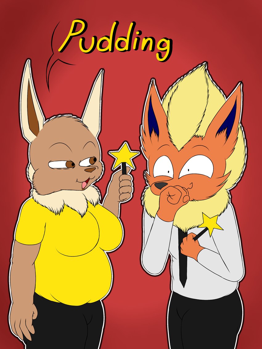 anthro blonde_hair brown_body clothed clothing cosplay duo female fur hair laughing_at male male/female necktie open_mouth orange_body orange_fur simple_background tan_body tan_fur text wand flamberry_(artist) nickelodeon nintendo pokemon the_fairly_oddparents elizabeth_venizee franklin_flare canid canine eevee eeveelution flareon generation_1_pokemon mammal pokemon_(species) 3:4 absurd_res digital_drawing_(artwork) digital_media_(artwork) english_text hi_res ibispaint_(artwork)