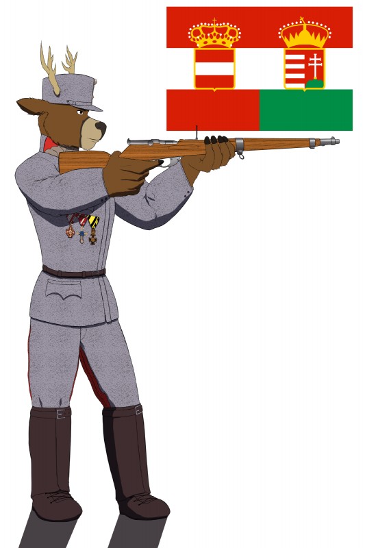 action_pose anthro antlers austria austria-hungary austria-hungary_flag belt biceps black_nose boots bottomwear brown_body brown_eyes brown_fur central_powers clothed clothing cross crown dual_monarchy footwear fully_clothed fur gun hat headgear headwear horn hungary male medal merit_cross merit_cross_for_military_chaplains military military_cap military_uniform muscular muscular_anthro muscular_male order_of_merit pants pecs pose ranged_weapon religion rifle shoes simple_background soldier solo standing uniform warrior weapon world_war_1 vicpagani dafallen0ne deer mammal 2017 2:3 absurd_res digital_media_(artwork) hi_res