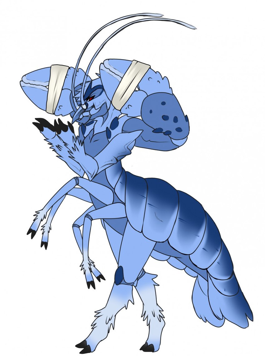 ambiguous_gender antennae_(anatomy) anthro blue_body claws multi_limb red_eyes rubber_band simple_background solo white_background blackigryphonus starsector arthropod crustacean decapoda lobster malacostracan marine volturnian_lobster hi_res