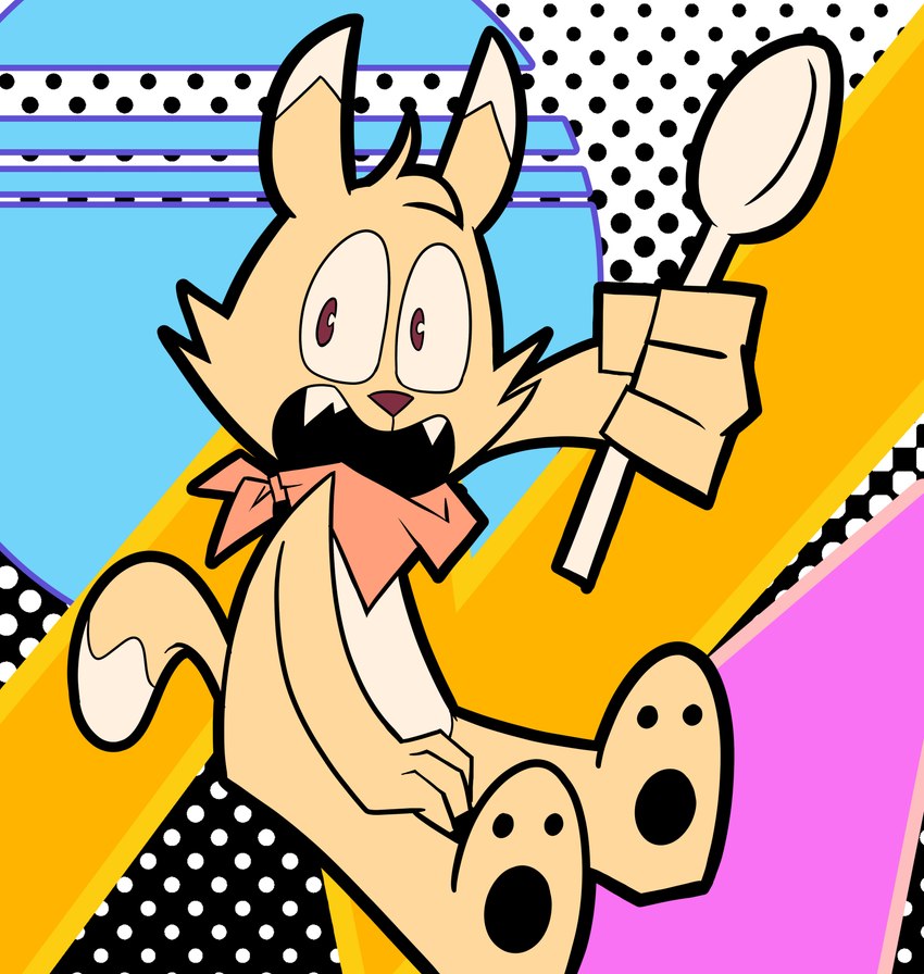 abstract_background anthro barefoot cereal_mascot crunchybunches cutlery feet holding_spoon kitchen_utensils male neckwear_only solo spoon tools pembrokewkorgi munchy digital_media_(artwork) hi_res