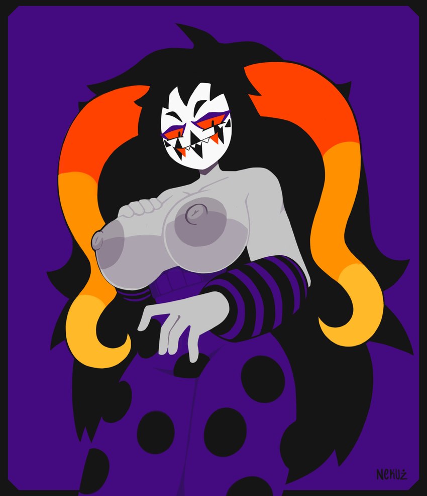 areola big_areola big_breasts black_hair breasts clothed clothing clown clown_makeup exposed_breasts female grey_body hair horn juggalo red_sclera solo topless nekuzx hiveswap homestuck ms_paint_adventures chahut_maenad alien troll_(homestuck) 2023 hi_res