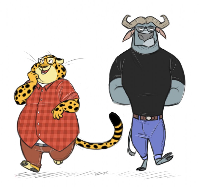 anthro barefoot belt biceps bottomwear clothing duo eyewear feet fur glasses horn jean male muscular overweight pants perspective-incorrect_clothing perspective-incorrect_plaid perspective-incorrect_shirt perspective-incorrect_texturing perspective-incorrect_topwear plaid shirt spots standing t-shirt topwear possumtool disney zootopia benjamin_clawhauser chief_bogo bovid bovine cape_buffalo cheetah felid feline mammal