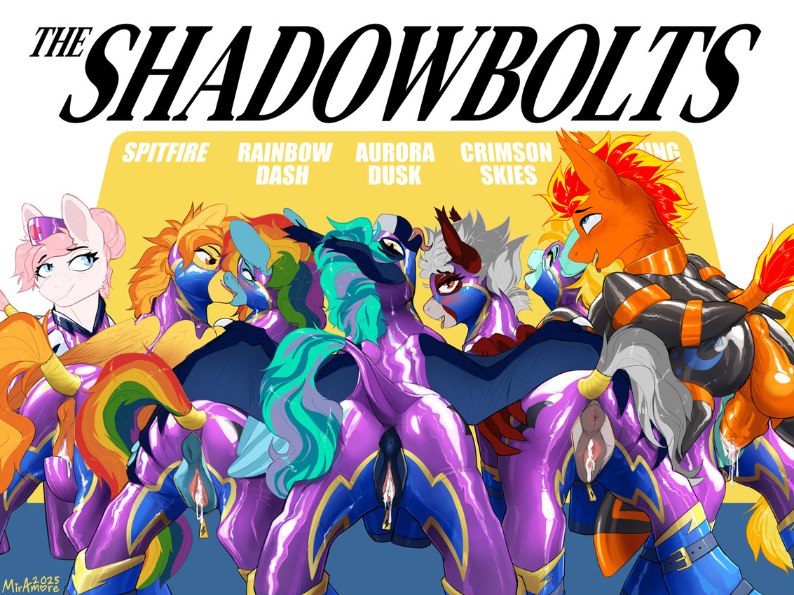 animal_genitalia animal_penis anus balls blue_body blue_fur blush bodily_fluids butt butt_grab clitoral clitoral_rubbing clothing cum cum_drip cum_from_vagina cum_in_vagina cum_inside dominant dominant_female dripping duo equine_genitalia equine_penis erection feathered_wings feathers female female/female female_penetrated fivesome from_behind_position fur genital_fluids genital_outline genitals grin group hair hand_on_butt headgear headwear kissing latex latex_clothing leaking_cum looking_at_viewer looking_back making_out male male/female male_penetrating male_penetrating_female membrane_(anatomy) moan mounting multicolored_hair nurse_clothing nurse_headwear nurse_uniform open_mouth penetration penile penis presenting presenting_hindquarters presenting_vulva rainbow_hair sex shadowbolts_uniform skinsuit smile spread_butt spreading submissive submissive_female tail tail_wraps teeth text tight_clothing tongue trio uniform vaginal vaginal_penetration vulva wings wraps yellow_body zipper zipper_down miramore friendship_is_magic hasbro my_little_pony mythology fireheart lightning_dust_(mlp) nurse_redheart_(mlp) rainbow_dash_(mlp) shadowbolts_(mlp) spitfire_(mlp) wonderbolts_(mlp) bat_pony equid equine mammal mythological_creature mythological_equine pegasus 4:3 digital_media_(artwork) english_text hi_res