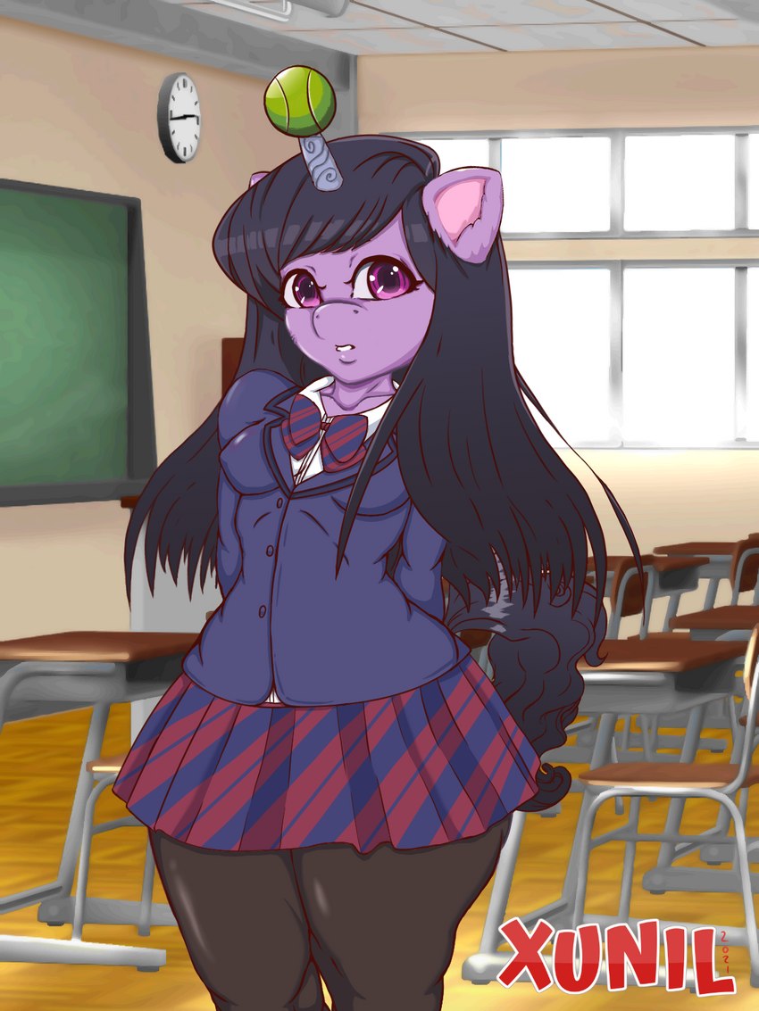 anthro ball bottomwear butt classroom clock clothed clothing cosplay female furgonomics hair horn legwear long_hair looking_at_viewer purple_body purple_eyes purple_skin school school_uniform skirt solo tail tail_through_skirt tennis_ball tennis_ball_on_horn thick_thighs uniform wide_hips xunil763 hasbro mlp_g5 my_little_pony izzy_moonbow_(mlp) komi_shouko equid equine horse mammal pony 3:4 hi_res