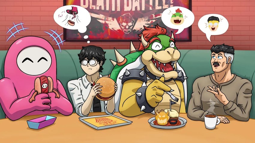 beverage black_hair blue_eyes burger clothing coffee dialogue eating food hair happy hot_dog multicolored_hair restaurant sweater thinking topwear two_tone_hair white_hair yu_narukami_(artist) among_us death_battle fall_guys image_comics innersloth invincible_(image_comics) mario_bros nintendo persona_(series) persona_5 bowser bowser_jr. hot_dog_costume_(fall_guys) impostor_(among_us) mark_grayson omni-man ren_amamiya human humanoid koopa mammal reptile scalie turtle viltrumite better_version_at_source father_(lore) father_and_child_(lore) father_and_son_(lore) parent_(lore) parent_and_child_(lore) parent_and_son_(lore) son_(lore)