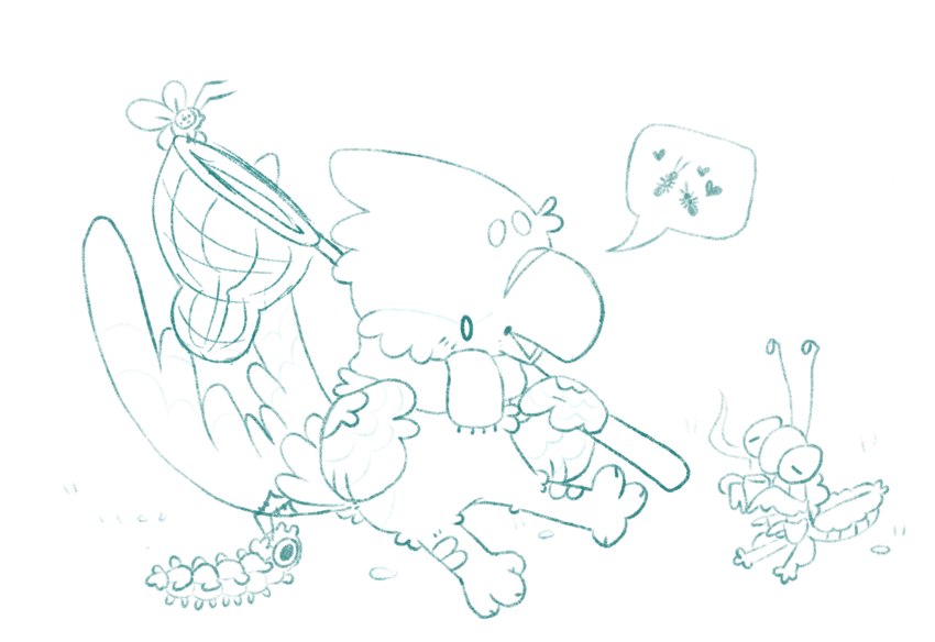 ambiguous_gender antennae_(anatomy) anthro beak beverage blush blush_lines butterfly_net chibi container cup dialogue dot_eyes feathered_wings feathers featureless_crotch feral group holding_beverage holding_container holding_cup holding_mug holding_net holding_object larva male mostly_nude mug net open_beak open_mouth scarf scarf_only simple_eyes sitting size_difference speech_bubble steam tail tail_feathers wings kerze_werze kipper_(tukoferret) arthropod avian bird caterpillar fork-tailed_flycatcher insect kingbird mantis new_world_suboscine passerine suboscine tyrant_flycatcher 2024 digital_drawing_(artwork) digital_media_(artwork) green_and_white hi_res monochrome pictographics
