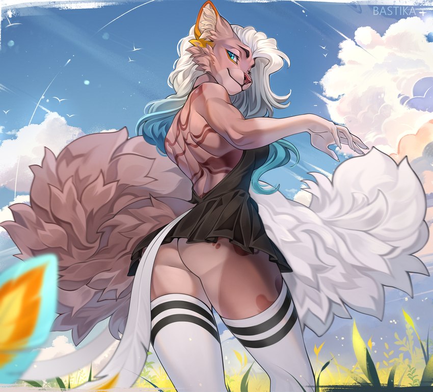 anthro athletic athletic_female back_muscles black_clothing black_dress blue_eyes blue_hair blue_sky bubble_butt butt clothed clothing cloud dress female fluffy fluffy_tail grass hair highlights_(coloring) legwear looking_at_viewer no_underwear plant sky solo stockings suggestive_pose tail white_clothing white_hair white_legwear white_stockings bastika felid mammal pantherine 2024 hi_res watermark