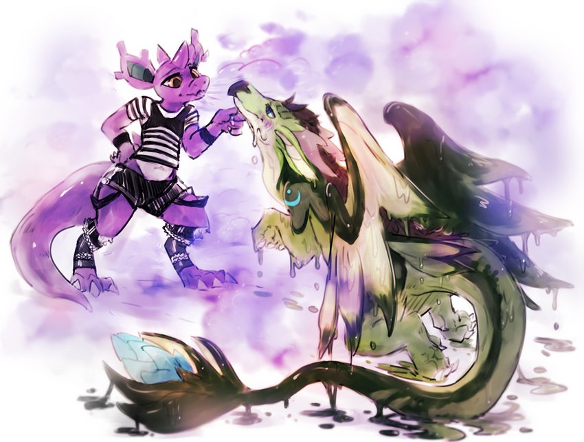 anthro clothing doku_(nidoking) duo feral fog goo_transformation green_body hand_on_chin horn kneeling male male/male melting poison purple_body tail transformation wings meltcoil mythology nintendo pokemon paiku dragon generation_1_pokemon mythological_creature mythological_scalie nidoking pokemon_(species) scalie absurd_res hi_res