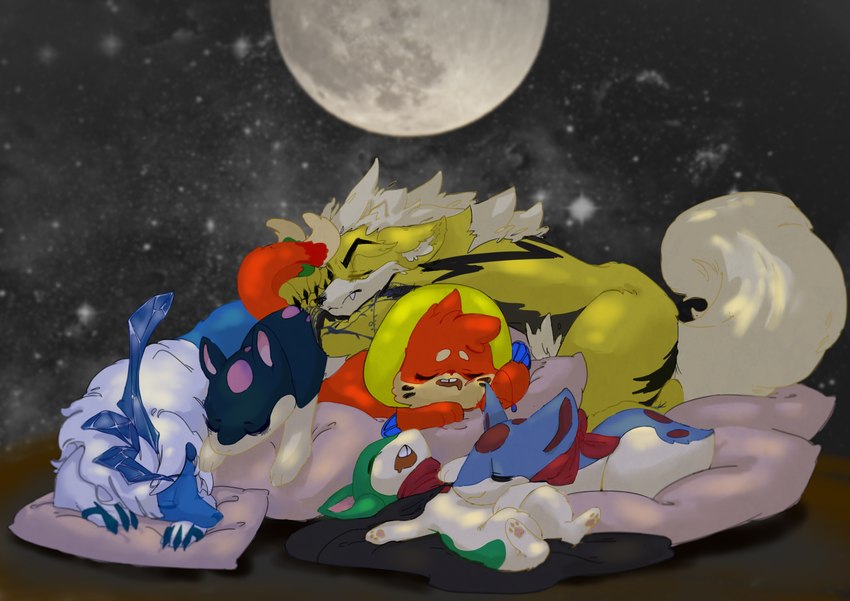 ambiguous_gender body_stack detailed_background feral group lying moon night on_back on_front pillow sky sleeping stack star starry_sky shark_bone nintendo pokemon shio_(quilava) theattcker22 youta absol arcanine buizel dialga generation_1_pokemon generation_2_pokemon generation_3_pokemon generation_4_pokemon hybrid hybrid_pokemon legendary_pokemon pokemon_(species) quilava 2019 absurd_res hi_res