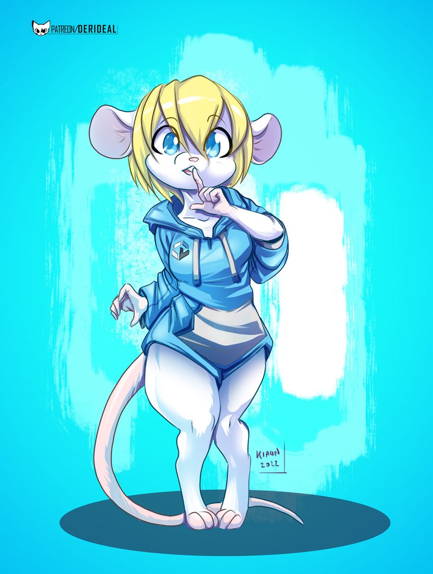 anthro blonde_hair blue_eyes ears_back eyebrow_through_hair eyebrows female finger_to_mouth hair long_tail paws pivoted_ears shush simple_background solo symbol tail text thick_thighs translucent translucent_hair white_body kiaun derideal amy_(xen) mammal mouse murid murine rodent colored digital_drawing_(artwork) digital_media_(artwork) english_text hi_res portrait shaded signature url