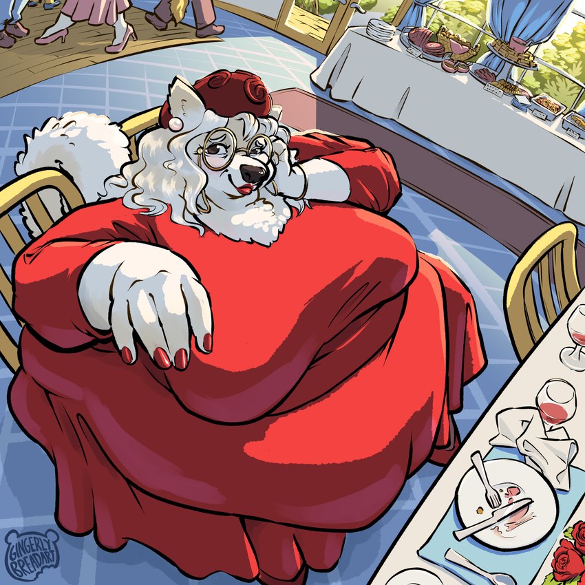 anthro banquet big_breasts bracelet breasts chair clothed clothing colored_nails container cup dancing detailed_background dress drinking_glass ear_piercing eunice_(flexiblebear) eyewear female footwear fur furniture glass glass_container glass_cup glasses hair hat headgear headwear high_heels jewelry lipstick looking_at_viewer makeup mature_female morbidly_obese morbidly_obese_anthro morbidly_obese_female nails obese obese_anthro obese_female on_chair overweight overweight_anthro overweight_female pearl_ear_ring piercing plate red_clothing red_dress red_lipstick red_nails round_glasses shoes sitting sitting_on_chair solo wearing_glasses white_body white_fur white_hair wine_glass gingerlybreadart canid canine canis domestic_dog mammal nordic_sled_dog samoyed spitz 2025 hi_res