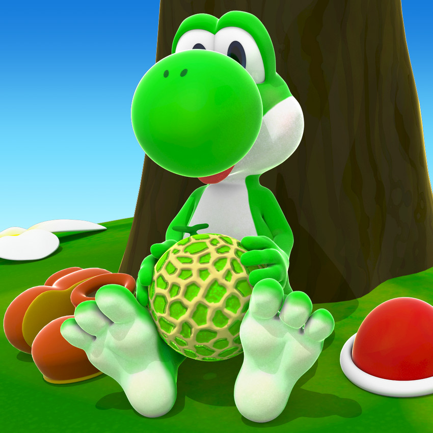 3_toes ambiguous_gender anthro barefoot cantaloupe clothing feet flower food footwear fruit green_body looking_at_viewer melon nude outside plant shoes sitting soles solo toes tree cinnamoncookies mario_bros nintendo green_yoshi scalie yoshi 1:1 2016 3d_(artwork) digital_media_(artwork)