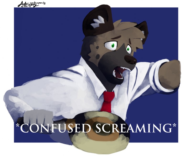 anthro clothed clothing cookware dress_shirt fangs frying_pan fully_clothed green_eyes kitchen_utensils male necktie parody scared screaming sharp_teeth shirt shrunken_irises simple_background solo teeth text tools topwear undershirt adricovy aggretsuko confused_screaming filthy_frank sanrio haida_(aggretsuko) hyena mammal spotted_hyena 2018 english_text meme reaction_image