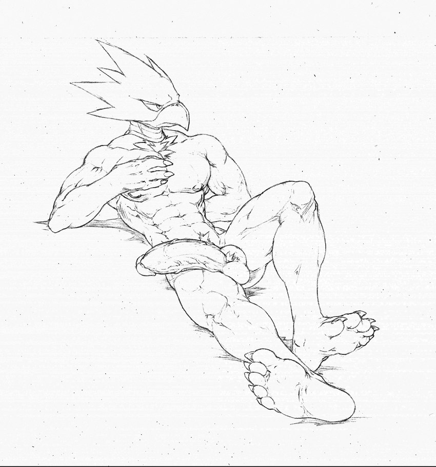 abs anthro ball_tuft balls big_penis flaccid genitals humanoid_genitalia humanoid_penis male muscular muscular_anthro muscular_male nipples nude pecs penis pubes reclining solo tuft vein veiny_penis utx-shapeshifter my_hero_academia fumikage_tokoyami avian bird corvid corvus_(genus) crow oscine passerine 2022 black_and_white hi_res monochrome