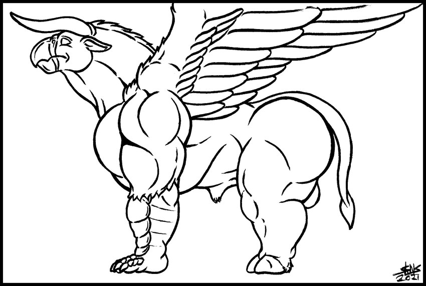 animal_genitalia balls beak big_butt black_border border butt feathered_wings feathers feral fully_sheathed genitals hooves horn male muscular muscular_feral muscular_male quadruped sheath side_view simple_background solo spread_wings thick_neck white_background wings skianous mythology magnus_edax avian gryphon hybrid mythological_avian mythological_creature taurogriff 2021 black_and_white digital_media_(artwork) hi_res monochrome