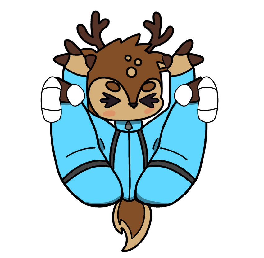 anthro antlers blue_clothing blush brown_body brown_fur clothed clothing disembodied_hand duo eyes_closed flexible fur horn jumpsuit legs_up male mouthless simple_background solo_focus teasing phant0mhat pixile_studios super_animal_royale deer mammal absurd_res hi_res sketch