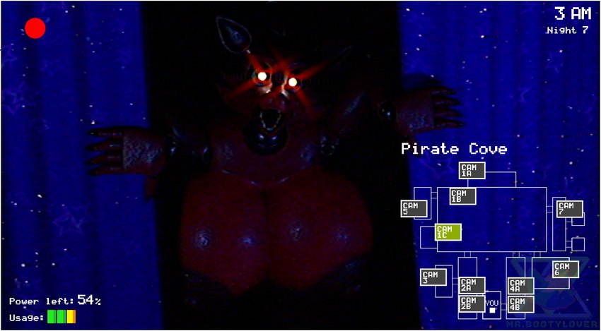 anthro big_breasts breasts camera crossed_legs curtains desk female furniture glowing glowing_eyes huge_breasts hyper hyper_breasts large_female machine nipples open_mouth red_nipples security security_camera sharp_teeth solo table teeth text mr.bootylover octal_(modeler) five_nights_at_freddy's scottgames foxy_(fnaf) animatronic canid canine fox mammal robot english_text