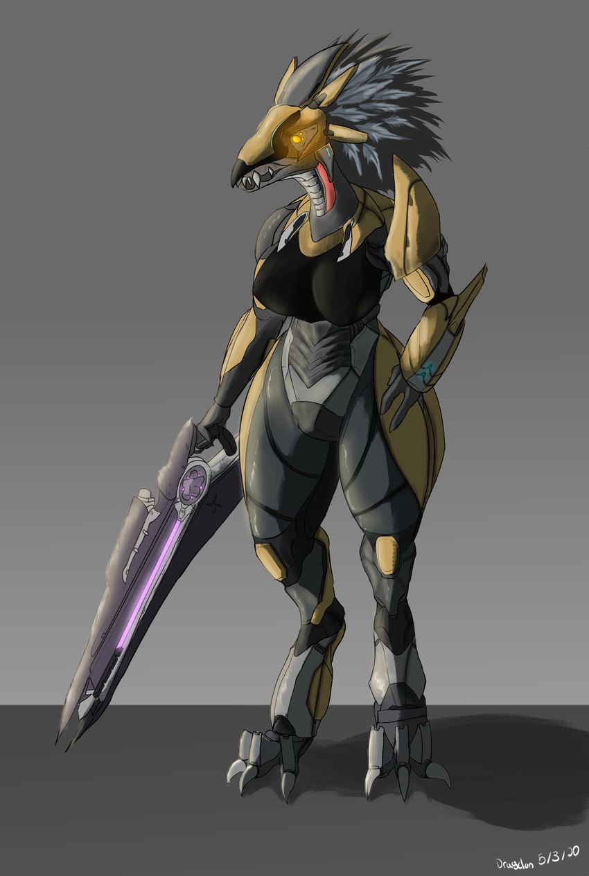 3_fingers 3_toes anthro armor beak beam_rifle breasts claws cuisse digitigrade energy_weapon fangs feather_hair feathered_crest feathers feet female fingers glistening glistening_body glowing glowing_eyes gold_(metal) gold_armor grey_body grey_feather_hair grey_feathers gun hand_on_hip head_crest headgear helmet holding_gun holding_object holding_ranged_weapon holding_weapon non-mammal_breasts poleyn pseudo_hair ranged_weapon rerebrace simple_background solo spaulder standing teeth thick_thighs toe_claws toes vambrace weapon wide_hips yellow_eyes dragclan halo_(series) microsoft xbox_game_studios alien avian kig-yar scalie t'vaoan 2020 absurd_res colored hi_res shaded