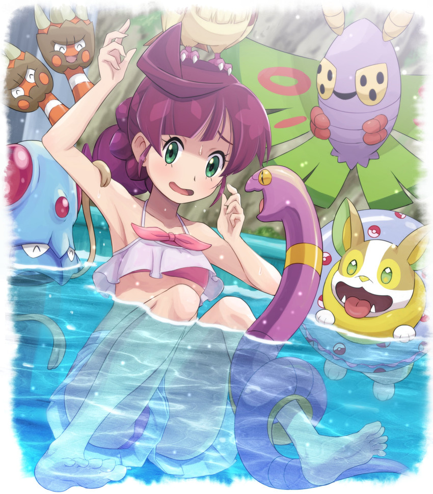 bikini blue_body blue_skin blush bodily_fluids clothed clothing dpg eyes_closed female feral green_eyes group hair human_focus inflatable inner_tube not_furry_focus orange_body purple_body purple_hair purple_scales scales sog sweat swimming_pool swimwear two-piece_swimsuit water pokemoa nintendo pokemon chloe_(pokemon) arthropod binacle cephalopod coleoid decapodiform dustox ekans generation_1_pokemon generation_3_pokemon generation_6_pokemon generation_8_pokemon human insect lepidopteran mammal marine mollusk pidgey pokemon_(species) reptile scalie tentacool yamper absurd_res hi_res