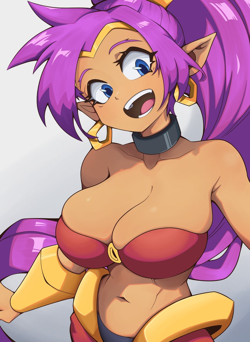 bandeau blue_eyes breasts bulging_breasts choker cleavage clothed clothing ear_piercing ear_ring eyebrows eyelashes female hair humanoid_pointy_ears jewelry long_hair looking_at_viewer navel necklace not_furry open_mouth piercing pointy_ears ponytail purple_hair ring_piercing simple_background solo topwear diloon_1 shantae_(series) wayforward shantae genie humanoid 2024 absurd_res hi_res